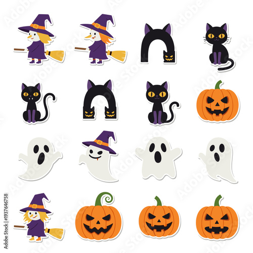 Halloween icon set with pumpkins bats ghosts witches cats and spooky elements cartoon vector design