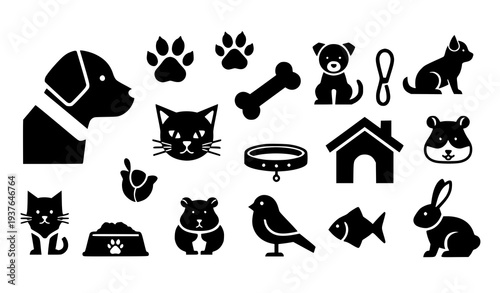 A collection of black animal icons and pet accessories on a white background