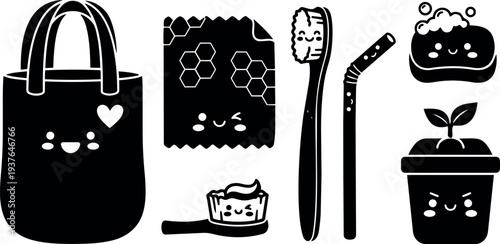 Flat kawaii eco icon set showing tote bag beeswax wrap toothbrush toothpaste on brush straw sponge and simple seedling pot