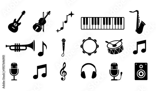 A set of black and white music icons and symbols on a transparent background