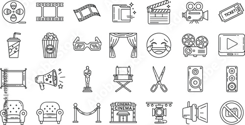 Cinema and movie theater line icon set with film reel, popcorn, clapperboard, camera, ticket, stage curtain and entertainment symbols