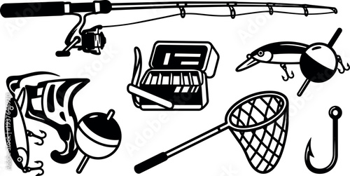 Line art close up top view fishing gear set with spinning rod reel lures bobbers tackle box landing net hook