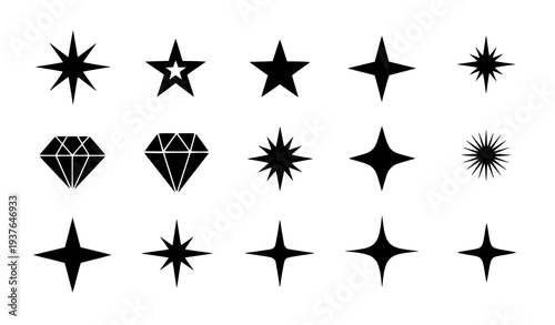 A set of black star and diamond icons on a white background