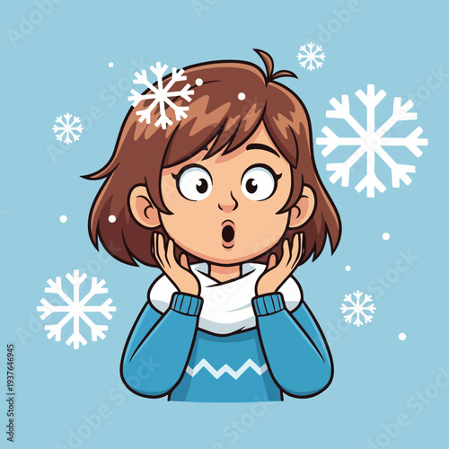 Surprised Cartoon Girl in Winter Clothes with Snowflakes