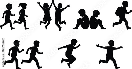 Kids running jumping silhouettes set including happy children playing, school boy with backpack running, childhood activity vector illustration