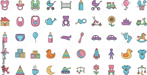Baby and Kids Toys Icon Set with Stroller Teddy Bear Pacifier Blocks Duck Rocket and Nursery Accessories Vector Illustration.
