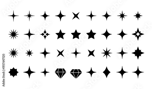A collection of black star and diamond shapes in various designs