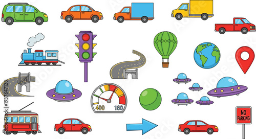 Transportation and Navigation Icon Set with Car Truck Train Traffic Light Road Map Location Pin and Travel Elements Vector Illustration.