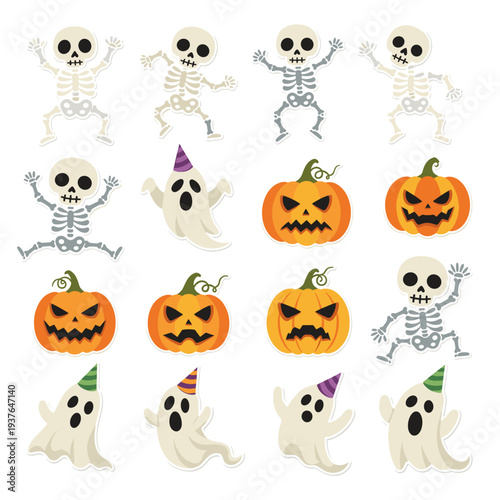 Halloween pumpkin and cute animal icon set cartoon vector illustration