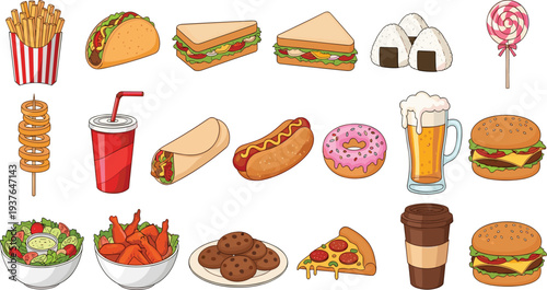 Fast Food and Snack Vector Icon Set Featuring Burger, Pizza, Hot Dog, Sandwich, Fries, Donut, Soda, Beer, and Desserts