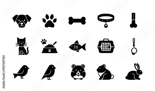 A set of black and white vector icons depicting various pets and pet accessories