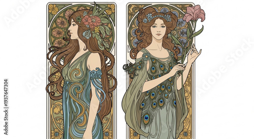 Art nouveau style women with flowers and long hair in elegant dresses