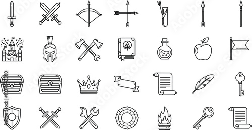 Medieval fantasy line icon set with sword, shield, bow, crown, treasure chest, scroll and knight weapon symbols vector illustration