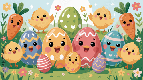 Happy easter eggs and chicks in a vibrant garden with colorful flowers and decorated eggs