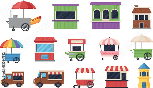 Street Food Stall and Market Kiosk Icon Set with Food Cart Shop Window Truck Vendor Stand and Small Business Vector Illustration.