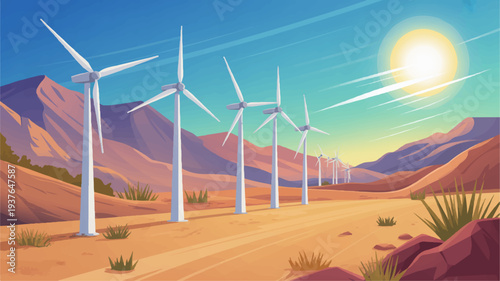 Wind turbines in a desert landscape with mountains and a bright sun in the background generating clean renewable energy