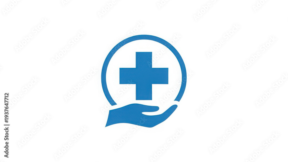 Obraz premium Blue medical cross symbol with protective hand graphic