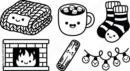 Kawaii line art cozy winter icons set close up smiling blanket mug socks fireplace log and string lights flat vector