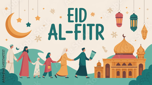 Eid al fitr celebration with family and friends in front of a mosque at night