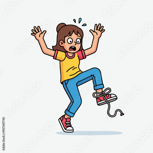 Woman startled by a mouse tangled in her shoelace cartoon character
