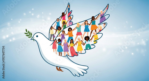 Diverse people form colorful wings of flying white dove holding olive branch under sparkling blue sky with clouds