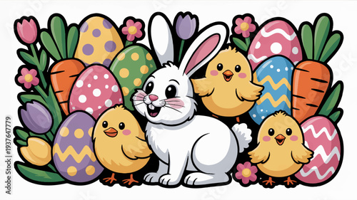 Easter bunny and chicks with decorated eggs and carrots springtime holiday scene