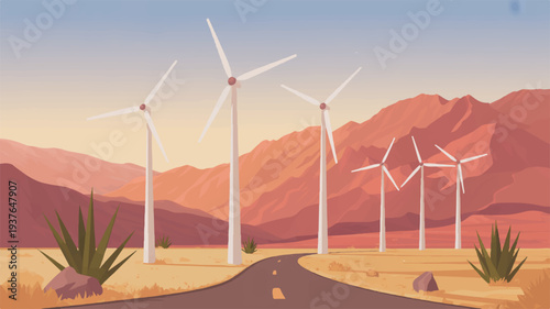 Wind turbines stand on a desert road with mountains at sunset renewable energy concept