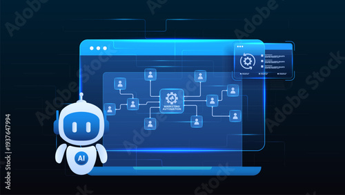 Marketing automation workflow diagram dashboard with ai agent, client, data analytics, flow process and automation system.