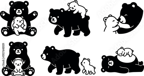 Flat design close up family bear icons smiling mother bear with cubs various poses simple black silhouettes playful vector art