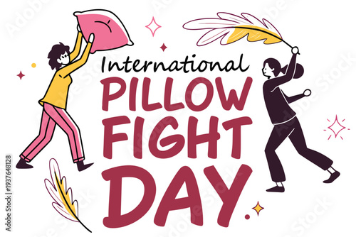 International Pillow Fight Day Celebration Vector, Soft Pillow Battle and Fun Design