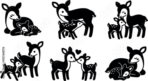 Flat design close up mother deer and fawn vector icons showing nurturing poses silhouettes in black and white minimalist style
