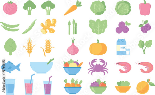 Healthy food ingredients collection with vegetables, fruits, seafood, grains and drinks colorful nutrition vector illustration set