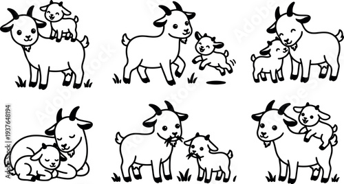 Line art vector close up mother goat with playful kid looking at camera multiple poses farm meadow charming cute simple