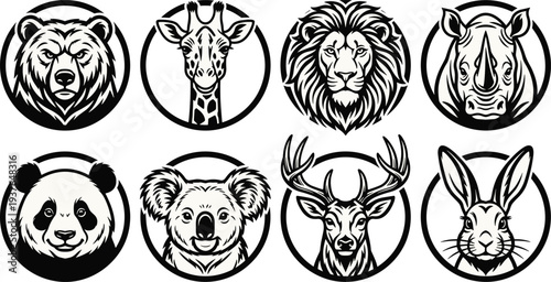 Wild animal head icons set including bear giraffe lion rhino panda koala deer rabbit wildlife mascot vector illustration