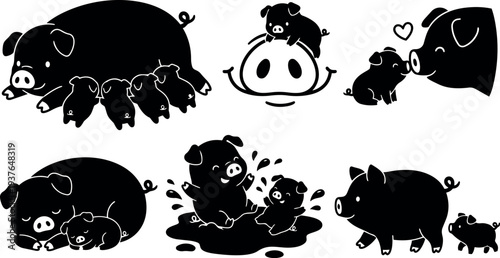 Minimal silhouette vector close up sow nursing piglets with playful piglets splashing mud and mother snout kiss side profile black
