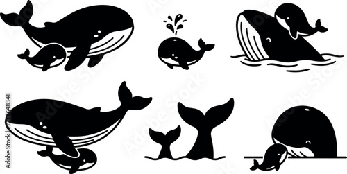 Flat design silhouette mother whale and calf set in various poses side view playful close up on white background soft
