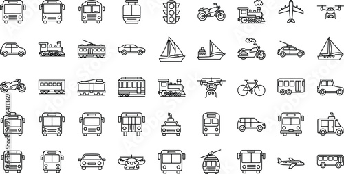 Transportation vehicle line icon set with bus, car, train, motorcycle, airplane, drone, boat and public transport symbols vector illustration