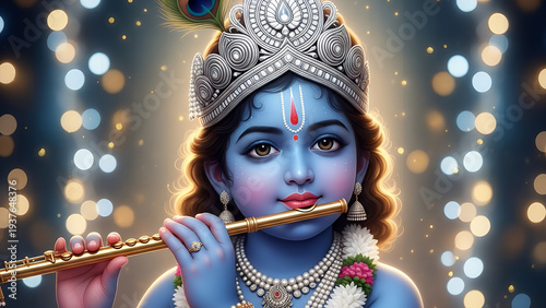 Krishna playing flute with crown and jewelry in festive background
