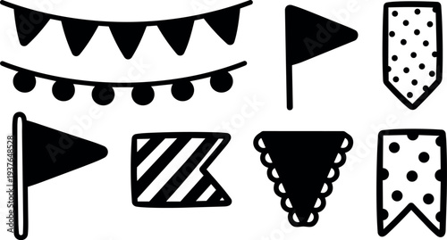 Hand drawn vector bunting and pennant icon set black silhouette party flags in flat doodle style top view simple outline
