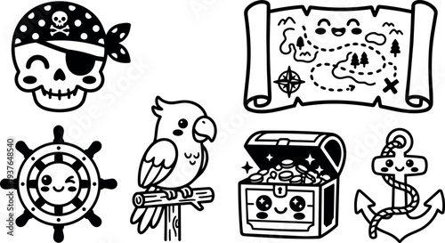 Kawaii line art vector pirate icon set showing smiling skull bandana and eye patch cute parrot treasure map chest anchor