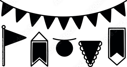Flat design pennant and bunting icon set with triangular garland hanging flag and shield tags in silhouette black vector arranged