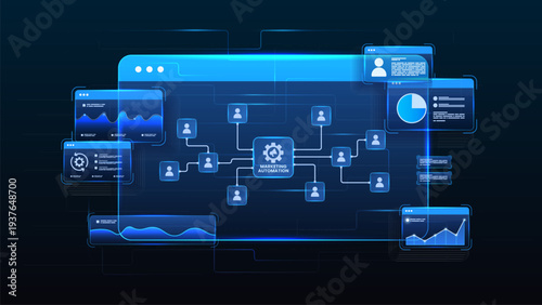 Marketing automation workflow diagram dashboard connecting client, data analytics, flow process and automation system.