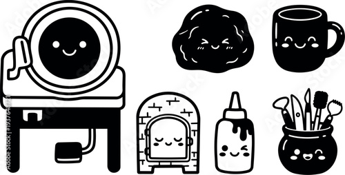 Kawaii flat vector pottery wheel clay mug kiln glue bottle and brush jar smiling faces close up craft tools set