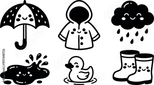 Whimsical kids doodle flat design rainy day icons umbrella raincoat cloud puddle rubber boots rubber duck close up smiling faces