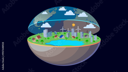 Eco friendly city infrastructure inside a cutaway globe with renewable energy sources and green landscape