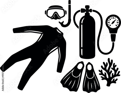 Flat design overhead view scuba gear set with wetsuit mask snorkel tank fins and coral arranged on white background clean