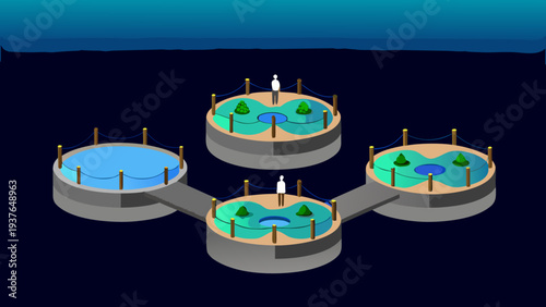Futuristic landscape with multiple floating islands and water features at night