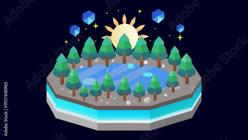 Floating fantasy forest on a mystical island with a serene lake under a sunny sky with floating crystals