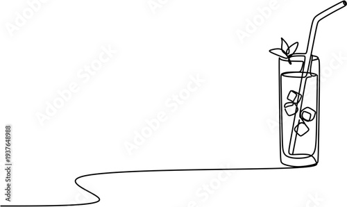 Continuous one line drawing of refreshing iced drink in tall glass with straw and mint leaf minimalist vector illustration