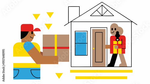 Courier delivering package to smiling woman at home vector illustration of delivery service